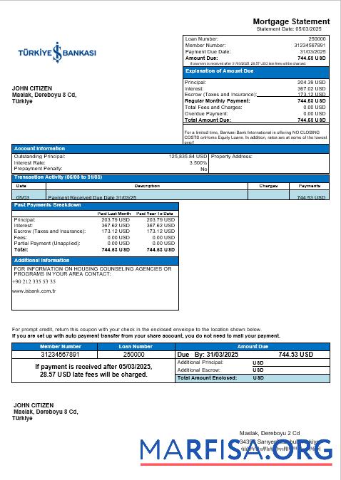 Printable Turkey Bankasi bank mortgage statement in Word and PDF formats template